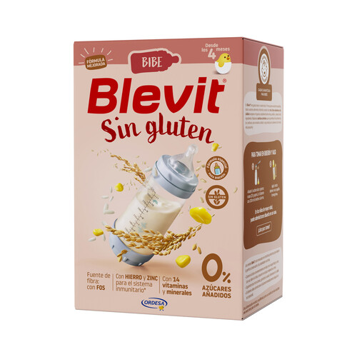 BLEVIT Bibe Papilla de cereales sin gluten, fórmula especial para biberón, a partir de 4 meses 500 g.