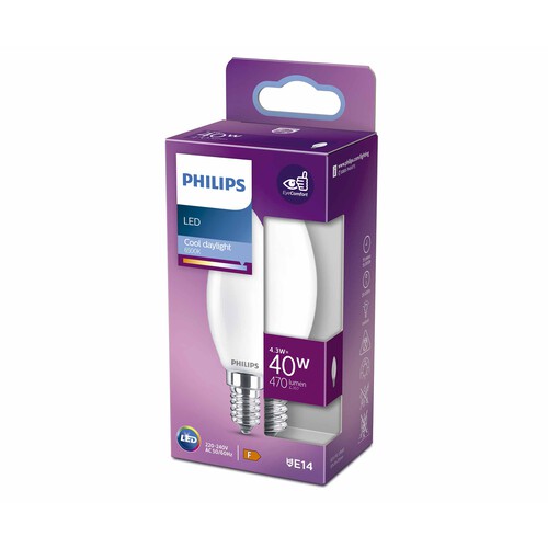 Bombilla Led E14, 4,3W=40W, luz fría 6500K, 470lm, PHILIPS.