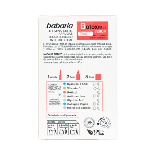 BABARIA Botox effect Sérum de uso diario con acción antiedad, para pieles maduras 30 ml.