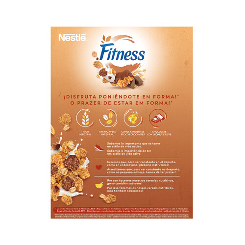 NESTLÉ Fitness Copos de trigo integral, arroz y avena integral tostados, recubierto de chocolate con leche 375 g.