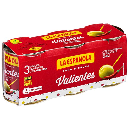 LA ESPAÑOLA Aceitunas verdes rellenas de pimiento LA ESPAÑOLA Valientes pack 3 latas de 50 g.