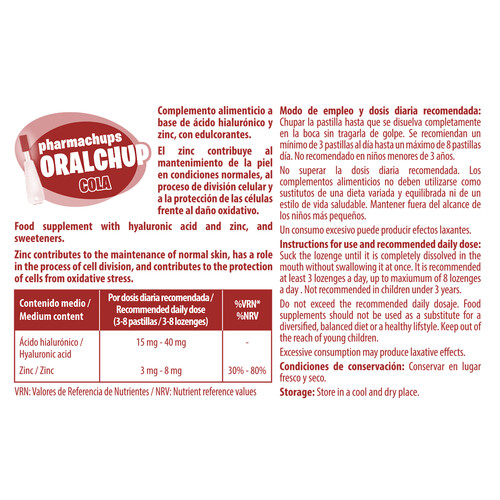 PHARMACHUPS Complemento alimenticio a base de ácido Hialurónico y Zinc PHARMACHUPS Oralchups 12 uds.