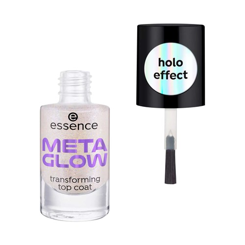 ESSENCE Meta glow Top coat semitransparente con shimmer plateado y azul.