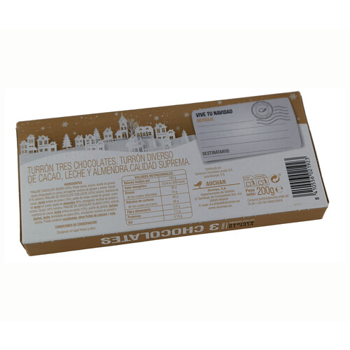 PRODUCTO ALCAMPO Turrón tres chocolates (blanco, negro y con leche) PRODCUTO ALCAMPO 200 g.