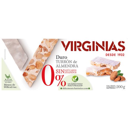 VIRGINIAS Turrón duro de almendras sin azucares añadidos 200 g.