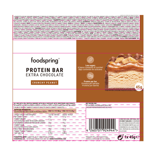 FOODSPRING Barrita de proteinas con extra de chocolate y cacahuete crujiente 45 g.