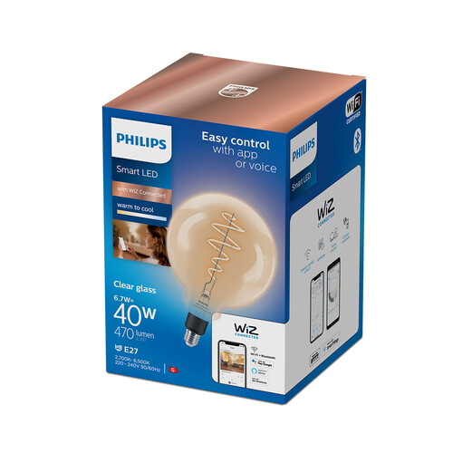 Bombilla Led inteligente de filamento E27, WiFi + Bluetooth, 6,7W=40W, blanco ajustable, 470lm, PHILIPS.