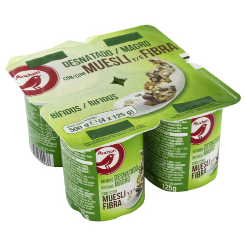 AUCHAN Bífidus desnatado (0% materia grasa) con muesli y fibra 4 x 125 g. Producto Alcampo