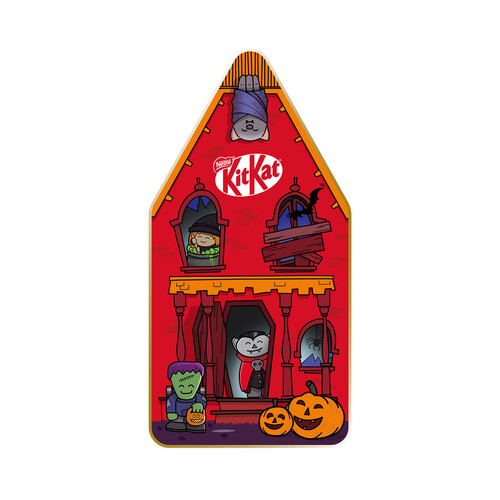 KIT KAT Lata con forma de casa con 4 figuritas uds. chocolate y 4 uds. barritas. 99,6 g.