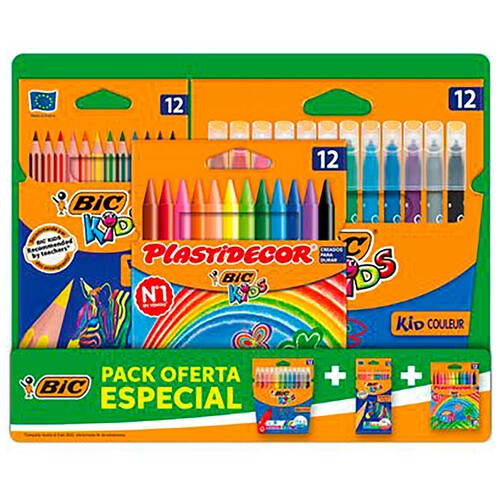 Pack Kids Coloreado Especial: 12 Ceras + 12 Rotuladores + 12 Lápices BIC