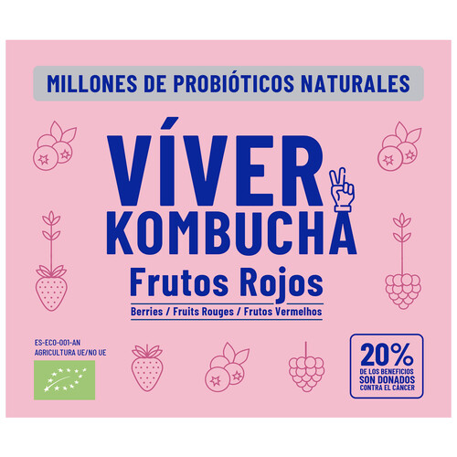 VIVER Bebida fermentada de té (kombucha) ecológica sabor a frutos rojos 700 ml.