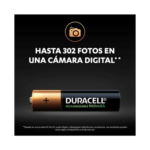 Pack de 4 pilas recargables AAA, Ni-MH, LR3, DURACELL, 900 mAh.