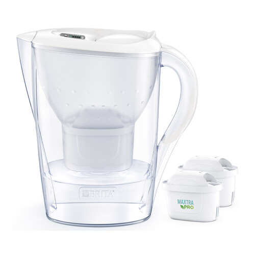 BRITA Jarra con filtro de agua Marella blanca (2,4 l) incl. 2x cartuchos MAXTRA PRO All-in-1: jarra apta para frigorífico con  digital y tapa abatible.