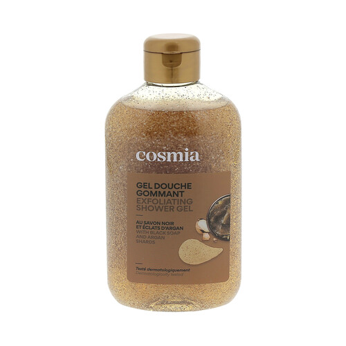 COSMIA Gel para ducha o baño exfoliante con jabón negro y trocitos de argán 250 ml.