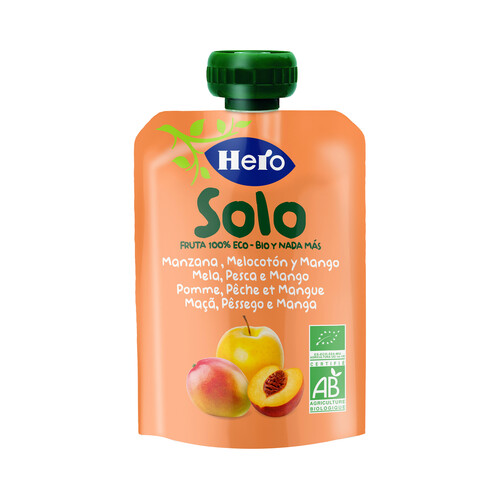 HERO Solo Bolsita de manzana, melocotón y mango ecológicos, a partir de 4 meses 100 g.