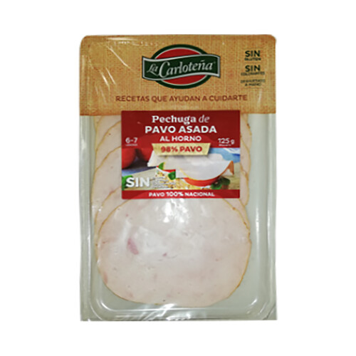 LA CARLOTEÑA Pechuga de pavo asada al horno, sin gluten y cortada en finas lonchas 125 g.