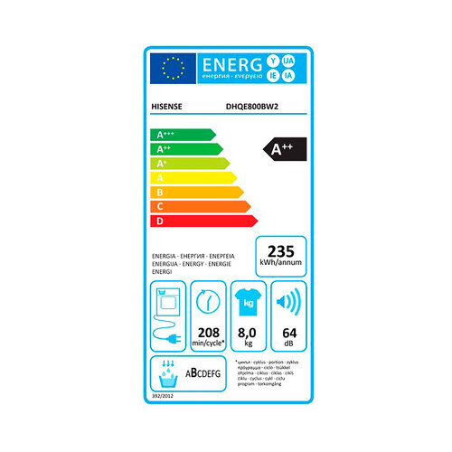 Secadora por condensación con bomba de calor HISENSE DHQE800BW2, capacidad de secado: 8KG, clasificación energética: A++, H: 84,5cm, A: 59,5cm, F: 55cm.