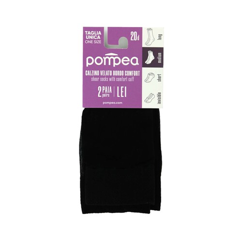 Pack de 2 pares de tobilleros con puño confort, 20den, POMPEA, color negro, talla única.
