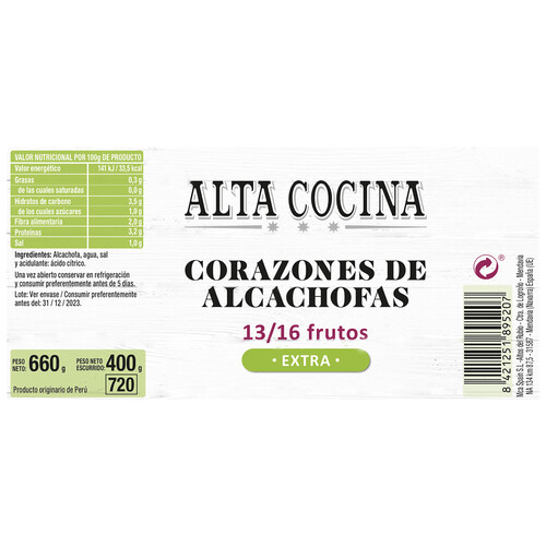 ALTA COCINA Corazones de alcachofas al natural 13/16 frutos 400 g.