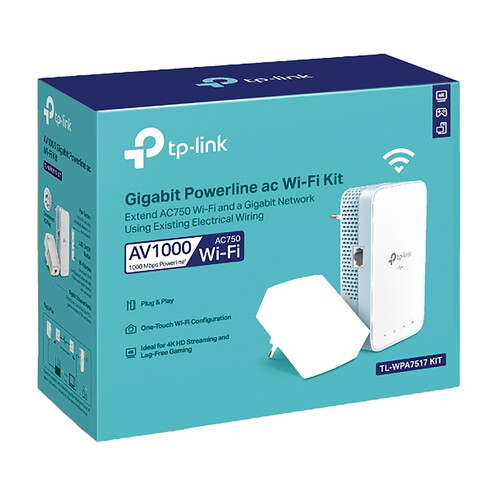 Kit Powerline Gigabit AV1000 Wi-Fi AC750, TP-LINK WPA7517 KIT, Puertos Gigabit.