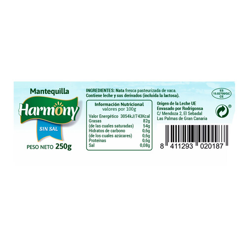 HARMONY Pastilla de mantequilla sin sal 250 g.