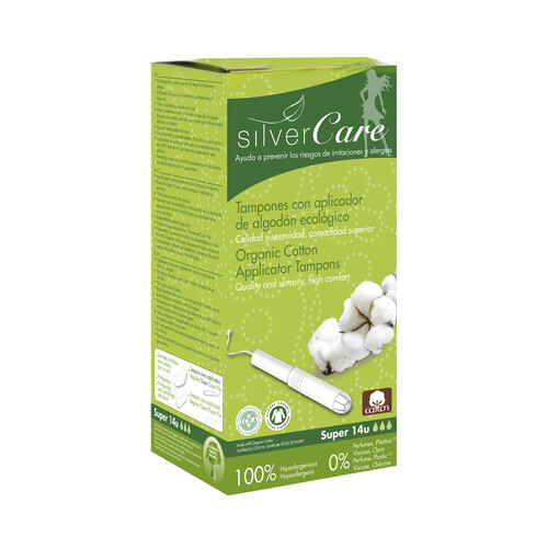 SILVERCARE Tampones de uso super, con aplicador fabricado con algodón de procedencia ecológica SILVERCARE 14 uds.