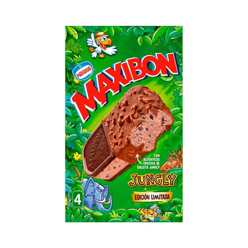 MAXIBON Sándwich de helado de chocolate con trozos de galletas de chocolate jungly de Nestlé 4 x 140 ml.