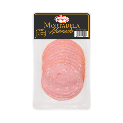 SERRANO Mortadela ahumda, sin gluten y sin lactosa, cortada en lonchas SERRANO 100 g.