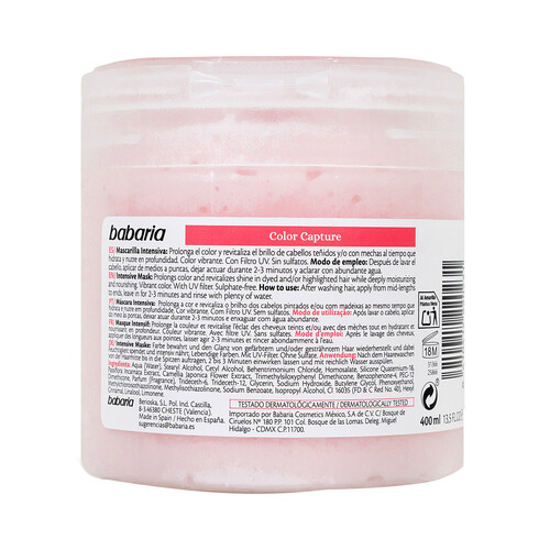 BABARIA Color capture Mascarilla capilar hidratante intensiva, para cabellos teñidos o con mechas 400 ml.