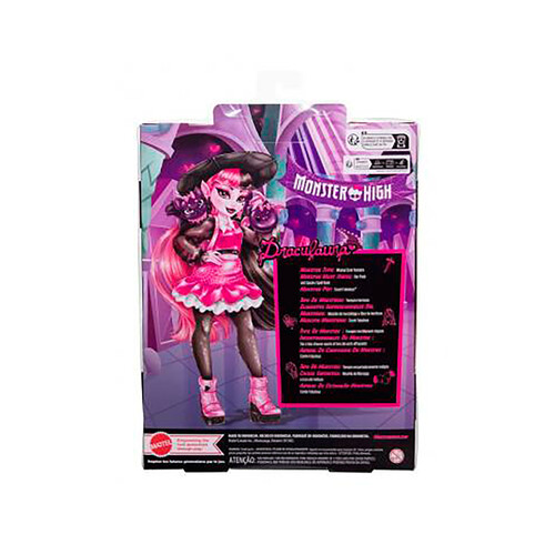 MONSTER HIGH Draculaura Muñeca articulada con mascota y accesorios de moda, 25cm juguete +4 años