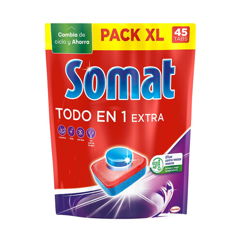 SOMAT Detergente en cápsulas para lavavajillas SOMAT Tabs TodoEn1 45 dosis 792 gr.