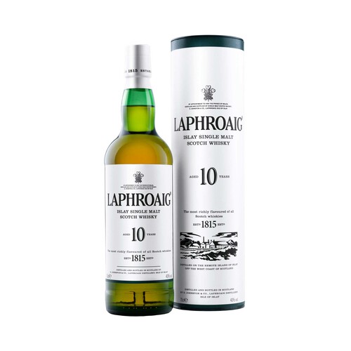 LAPHROAIG Whisky single malt de 10 años, elaborado en Escocia botella 70 cl.