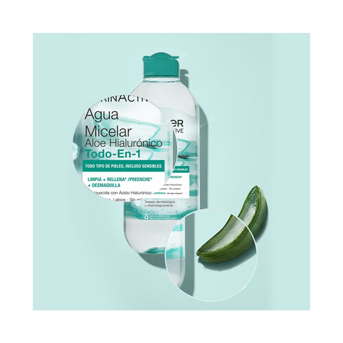 GARNIER Agua micelar todo en 1, con aloe vera y ácido Hialurónico para todo tipo de pieles GARNIER Skin active 400 ml.