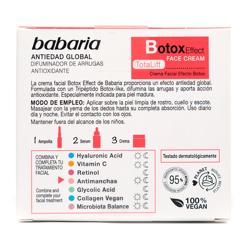 BABARIA Botox effect Crema de uso diario antiedad para pieles maduras 50 ml.