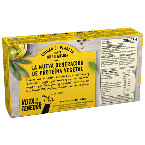 HEÜRA Long burger vegetal a base de proteína de soja y aceite de oliva virgen extra Supreme 2 x 105 g.