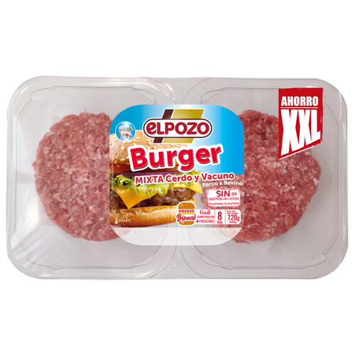 Bandeja con burger meat mixta (vacuno-cerdo) EL POZO 8 x 90 g.