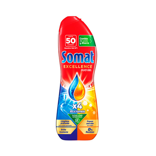 SOMAT Excellence duo gel Detergente lavavalillas en gel con 4 acciones de limpieza 800 ml,  50 uds