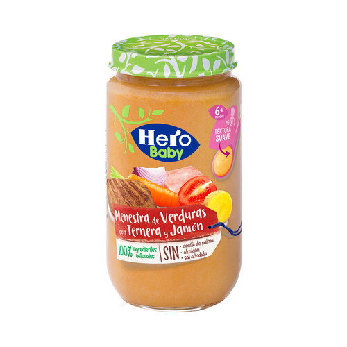 HERO Baby Tarrito con textura suave de menestra de verduras con ternera y jamón, a partir de 6 meses 235 g.