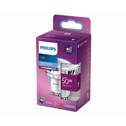 Bobilla Led GU10, 4.6W=50W, luz fría 6500K, 390lm, PHILIPS.