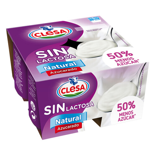 CLESA Yogur natural azucarado sin lactosa y con 50% menos de azúcar 4 x 125 g.