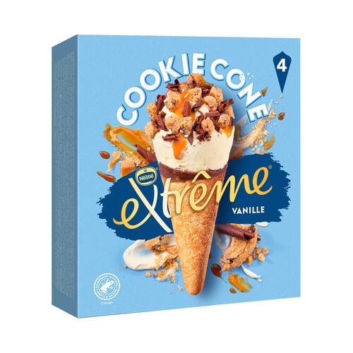 EXTRÈME Cookie de Nestlé Conos de helado de vainilla con salsa de caramelo y tozos de galletas de chocolate 4 x 110 ml.