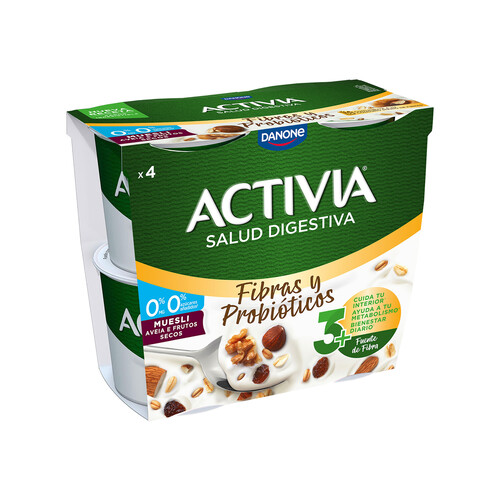 ACTIVIA Bífidus desnatado (0% materia grasa) y muesli (pasas, nueces, almendras y avellana) de Danone 4 x 120 g.