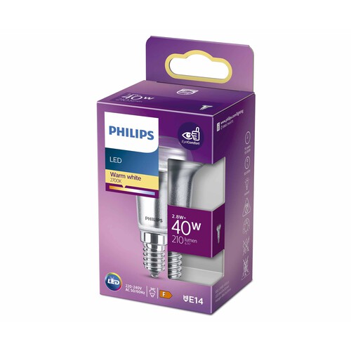 Bombilla Led E14, 2,8W=40W, luz cálida 2700K, 210lm, PHILIPS.