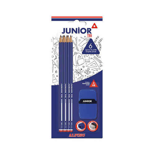 6 lápices de grafito Junior tri + goma + dúo sacapuntas, ALPINO.