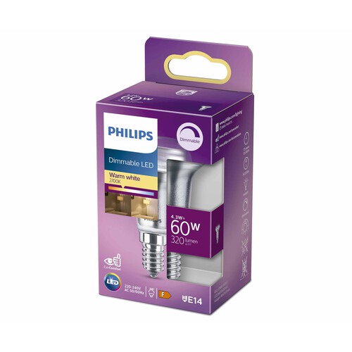 Bombilla Led E14, 4,3W=60W, luz cálida 2700K, regulable, 320lm, PHILIPS.