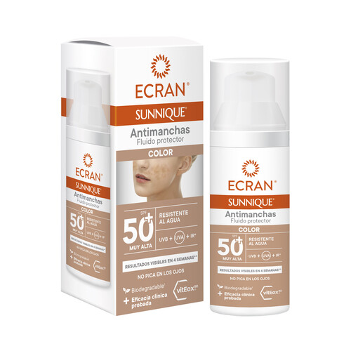 ECRAN Protector solar facial con color, acción antimanchas y factor de protección 50+ ( muy alto) ECRAN Sunnique 50 ml.