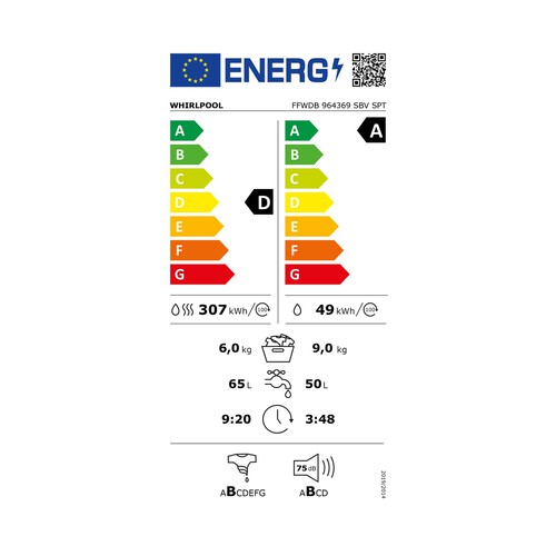 Lavadora secadora WHIRLPOOL FFWDB 964369 SBV SPT, capacidad lavado/secado: 9KG/6KG, clasificación energética: D, 1400RPM, H: 85cm,A: 60cm,F: 60cm.