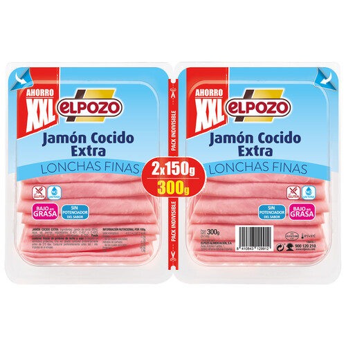 EL POZO Jamón cocido extra, cortado en lonchas finas EL POZO 2 x 150 g.