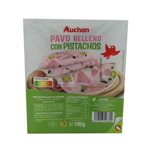 AUCHAN Pavo cocido relleno con pistachos, sin gluten y sin lactosa 100 g. Producto Alcampo