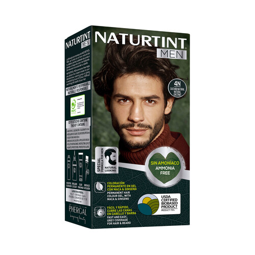 Coloración permanente en gel para barba y cabello, tono 4N castaño natural NATURTINT Men.